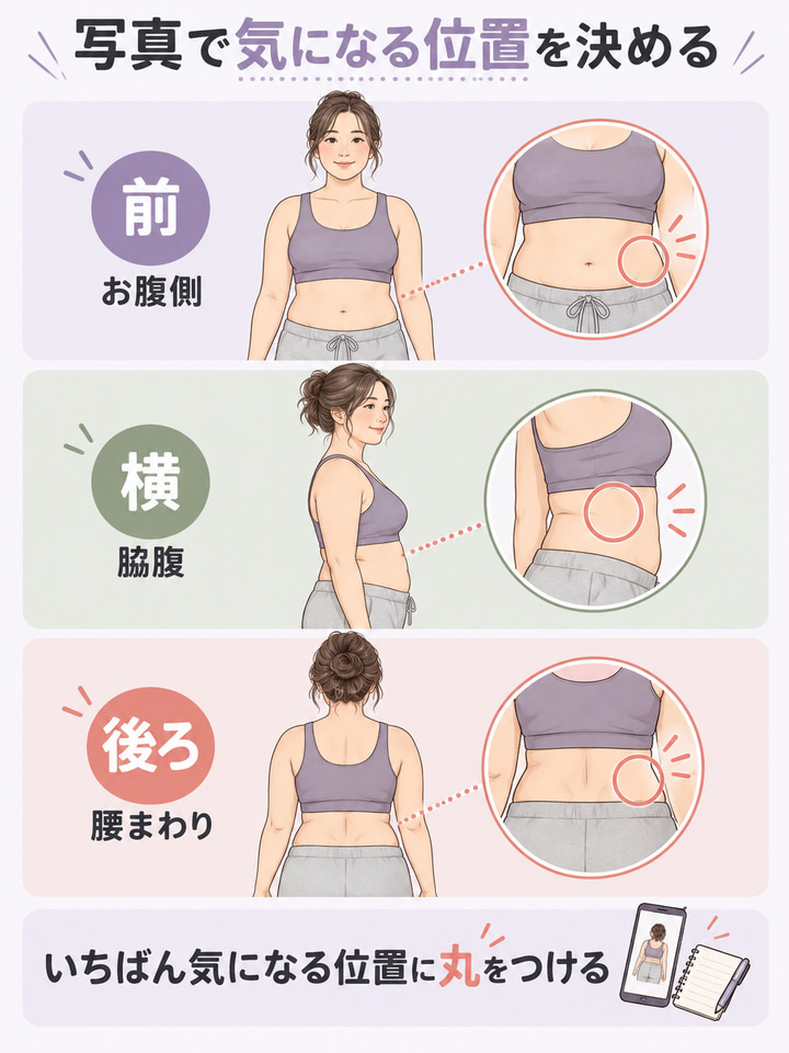 まずは前・横・後ろの写真を撮り、気になる位置を決める