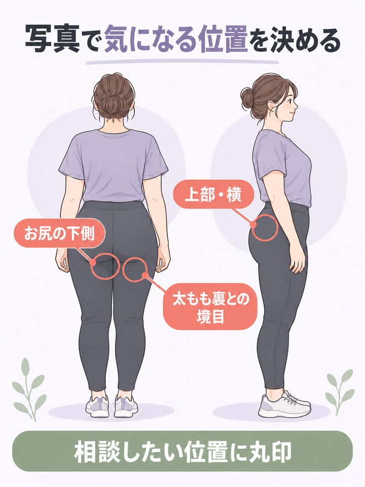 写真で気になる位置を決める。お尻の下側。上部・横。太もも裏との境目。相談したい位置に丸印