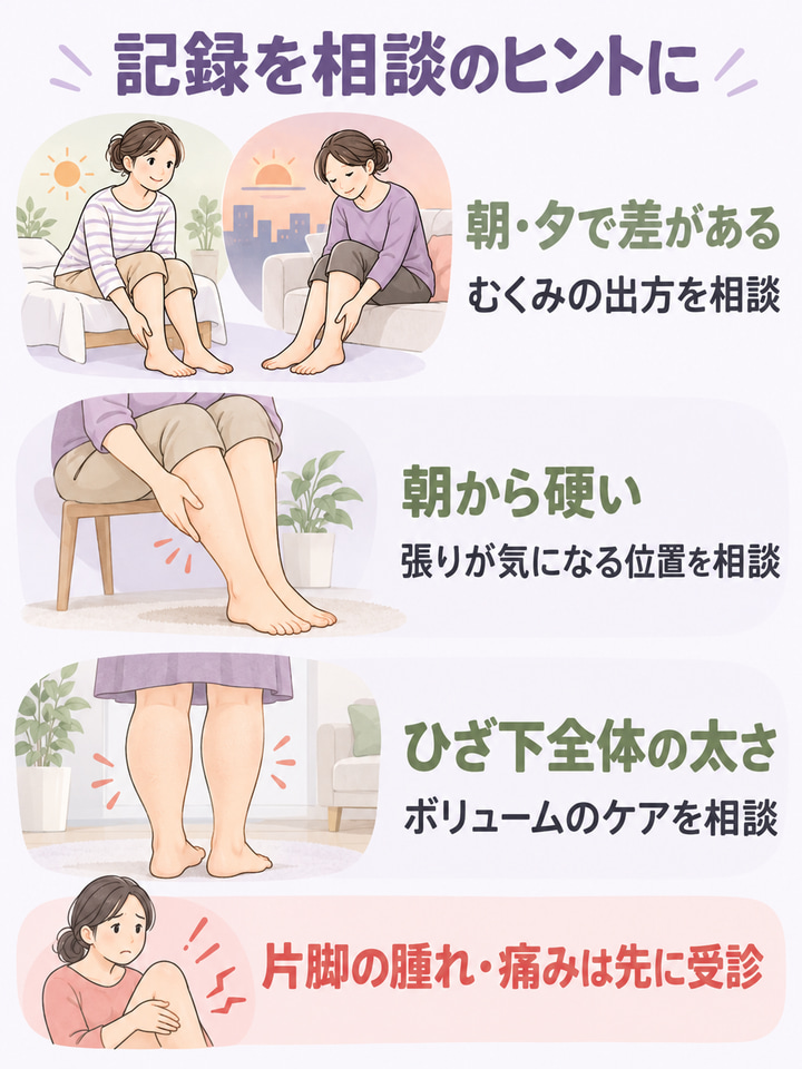 記録を相談のヒントに。朝・夕で差がある。むくみの出方を相談。朝から硬い。張りが気になる位置を相談。ひざ下全体の太さ。ボリュームのケアを相談。片脚の腫れ・痛みは先に受診