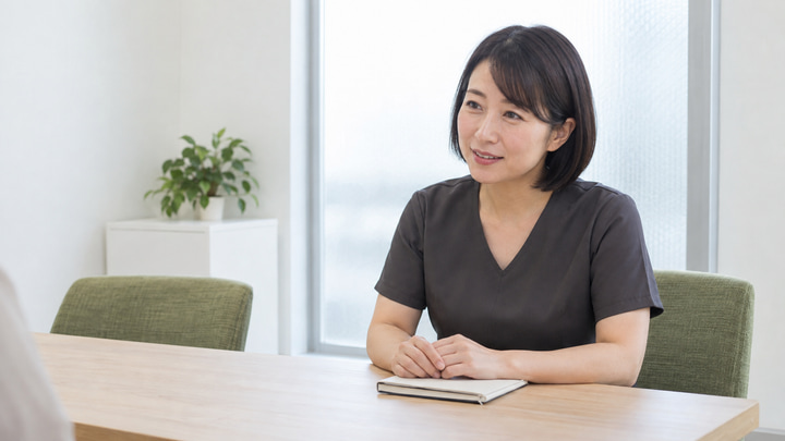 一般的なサロンで施術前の相談に応じる日本人女性セラピスト
