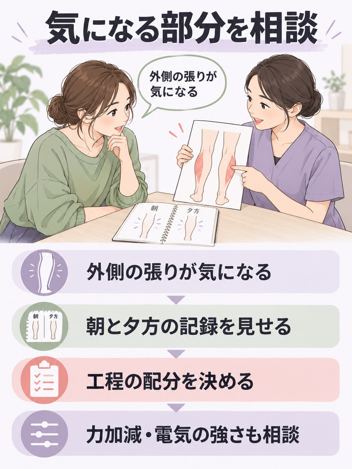 気になる部分を相談。外側の張りが気になる。朝と夕方の記録を見せる。工程の配分を決める。力加減・電気の強さも相談