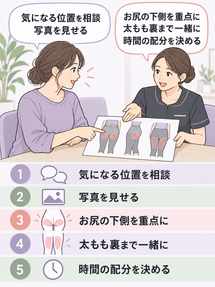 気になる位置を相談。写真を見せる。お尻の下側を重点に。太もも裏まで一緒に。時間の配分を決める