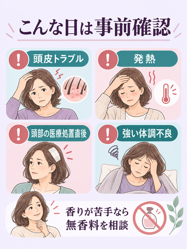 頭皮トラブル・発熱・医療処置直後・強い不調と香りの好みを事前確認する図