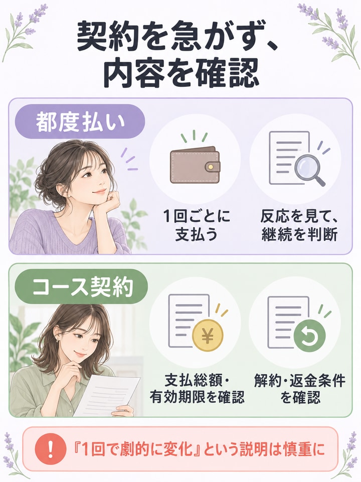都度払いとコース契約の支払い・解約・返金・有効期限を確認する図