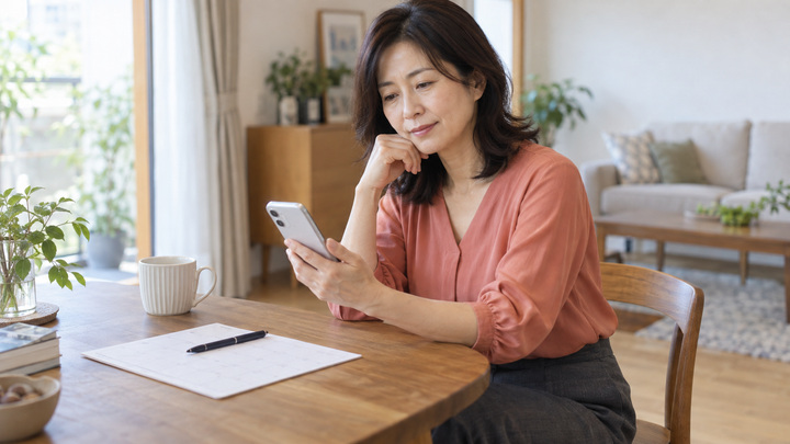 スマートフォンとカレンダーで通う予定を検討する日本人女性