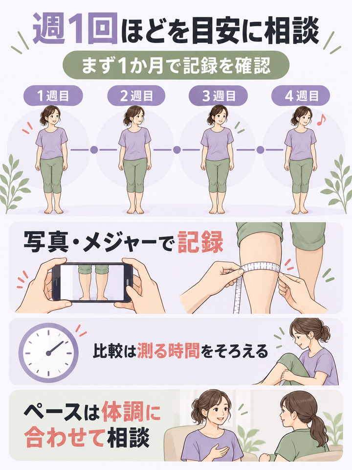 週1回ほどを目安に相談。まず1か月で記録を確認。1週目　2週目　3週目　4週目。写真・メジャーで記録。比較は測る時間をそろえる。ペースは体調に合わせて相談