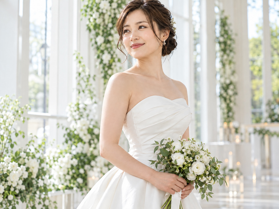 肩と二の腕が自然に美しく見えるウェディングドレス姿の日本人花嫁