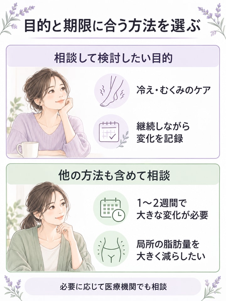 冷えやむくみのケアと、短期間の変化や局所の脂肪量の相談を目的別に整理した図