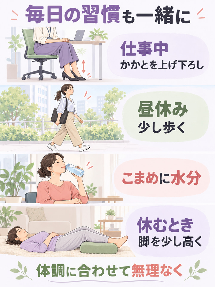 毎日の習慣も一緒に。仕事中　かかとを上げ下ろし。昼休み　少し歩く。こまめに水分。休むとき　脚を少し高く。体調に合わせて無理なく