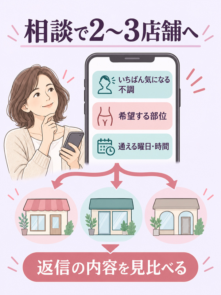 気になる不調・希望部位・通える曜日や時間を伝え、候補2〜3店舗の返信を比べる図