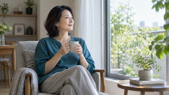 明るい窓辺でカップを持ち、穏やかに過ごす更年期世代の日本人女性