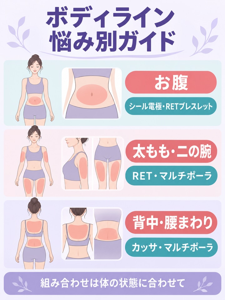 痩身・ボディラインの悩みに使われるパーツを整理した図
