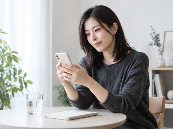 スマートフォンで施術内容を相談する日本人女性